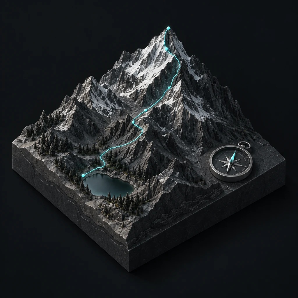 Graphite mountain terrain with a cyan climbing route