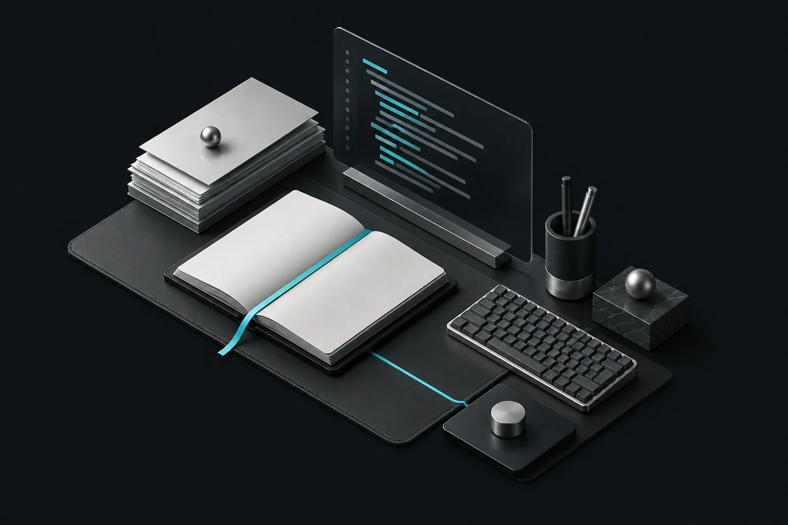 Isometric writing workbench with notebooks and code panels