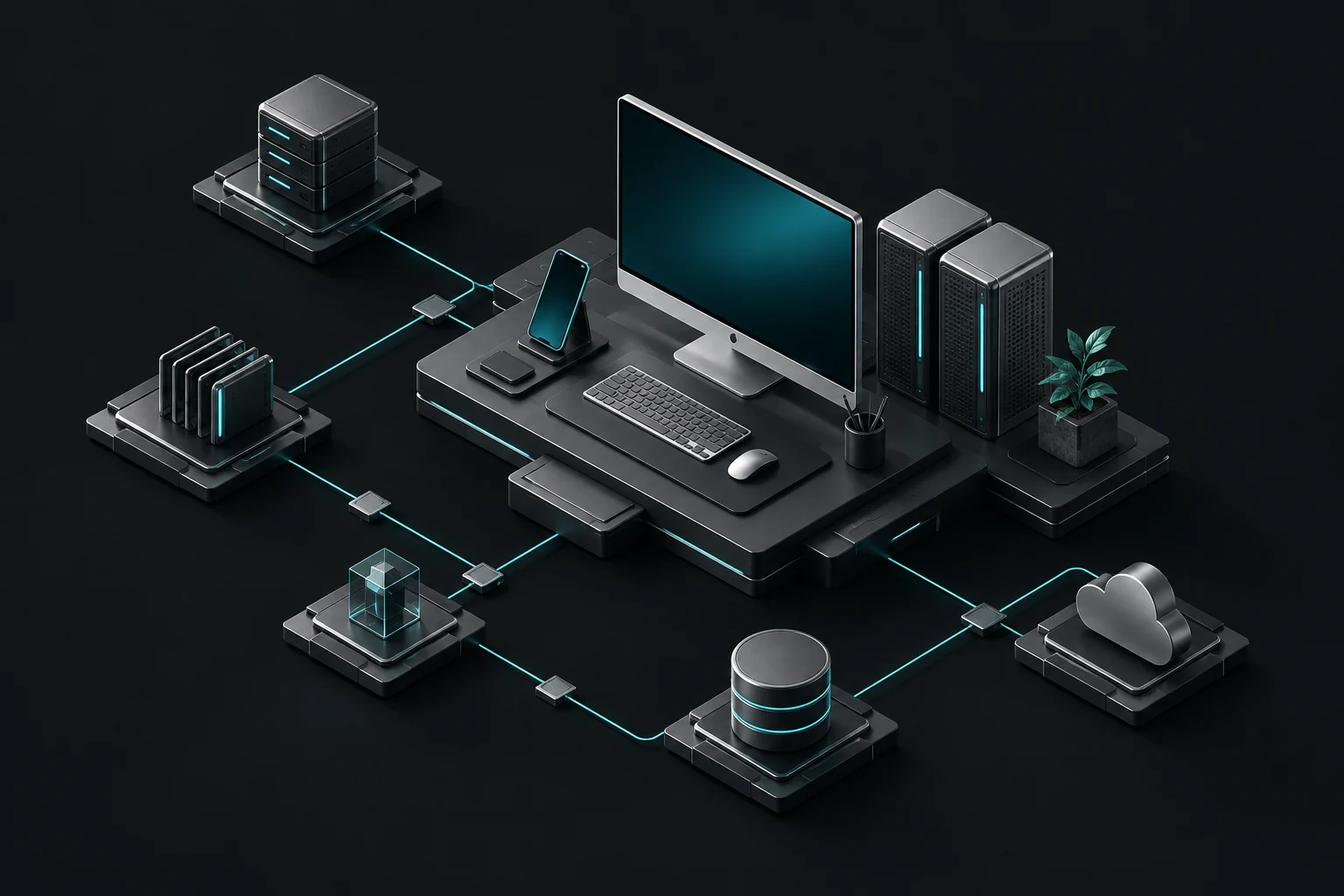 Isometric workstation connected to server, web, and mobile platforms