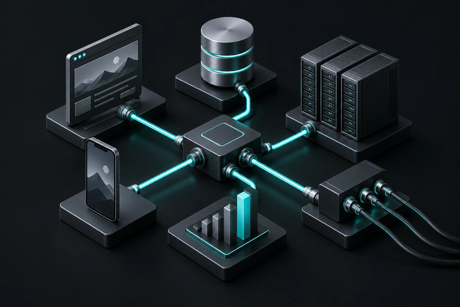 Six connected isometric software architecture modules